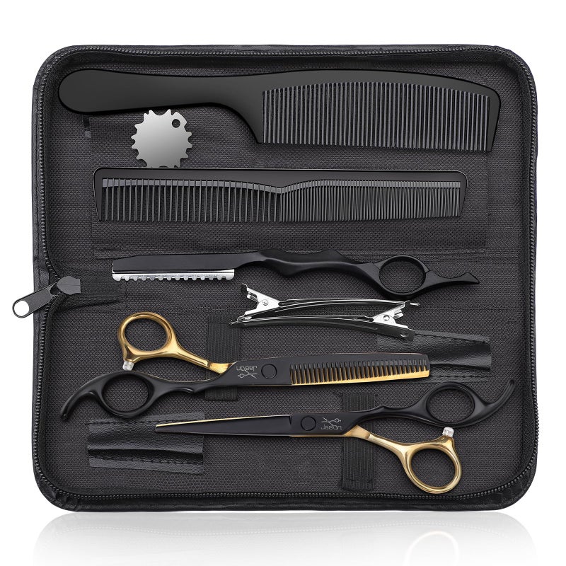 JASON Professional 10Piece Haircut Scissors Set  65 ThinningTexturizing Scissors Straight Shears for Men Women  Home Salon 30 Teeth Black  Gold